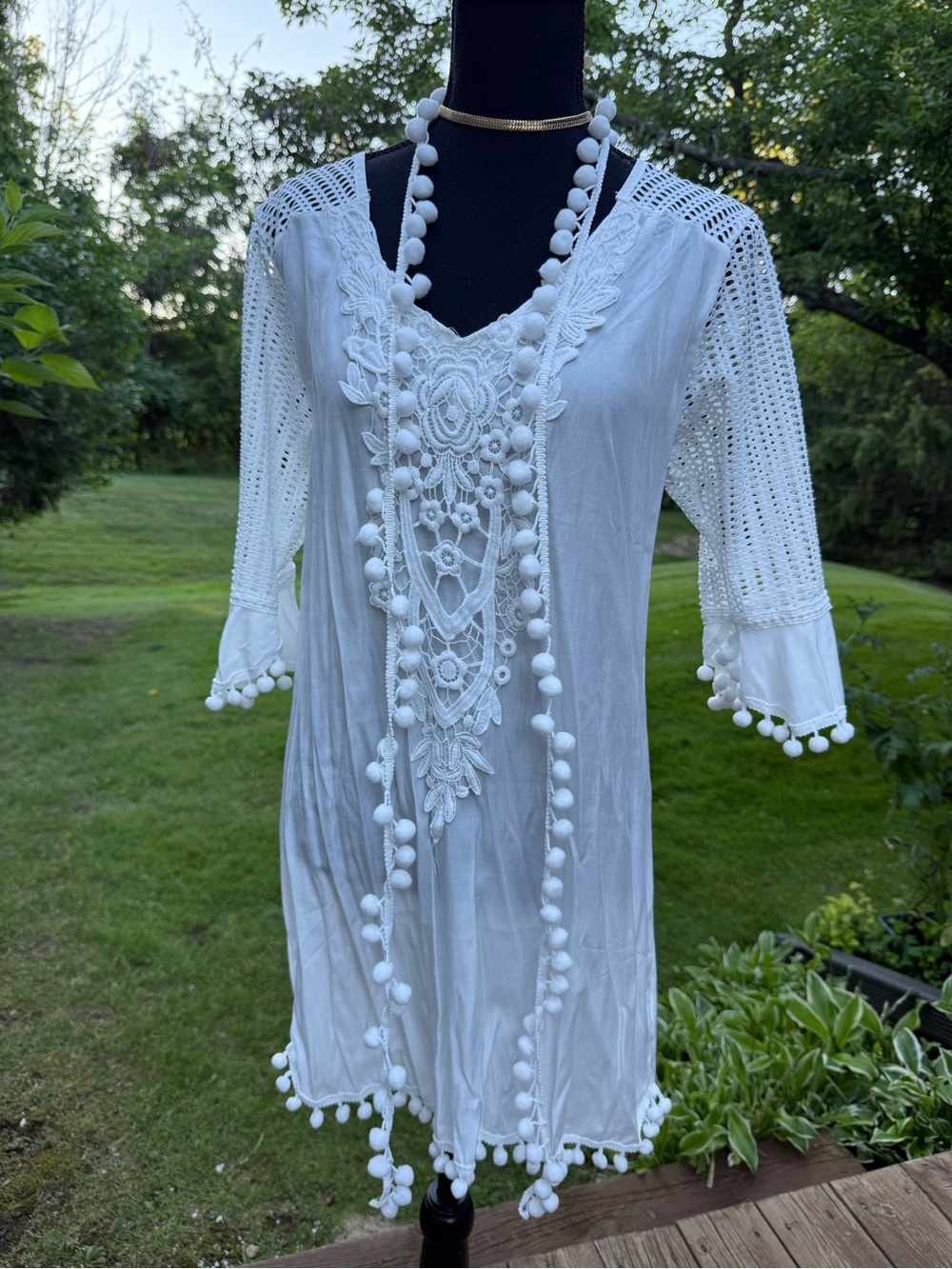 White Pom-Pom Crochet V-Neck Swim Cover-Up size S pre-owned with free gift .
